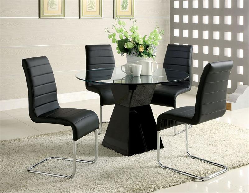 45 Inch Lynelle Round Glass Top Black Dining Table w Chairs