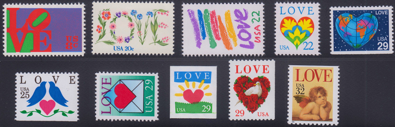 LOVE STAMPS - 14 different vintage U.S. postage stamps - Mint condition