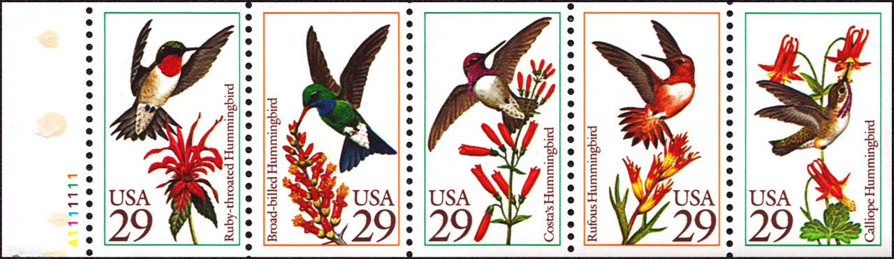 1992 29¢ Hummingbirds Mint Booklet Pane of 5 Variety Stamps