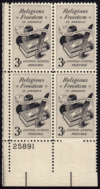 1957 3¢ Religious Freedom Plate Block