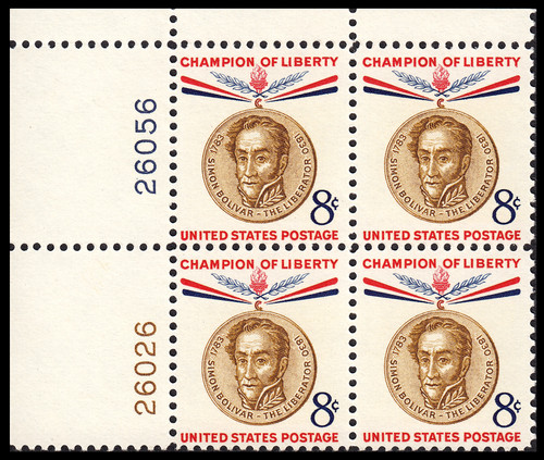 1958 8¢ Simon Bolivar Plate Block