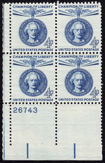 1960 4¢ Ignacy Paderewski Plate Block