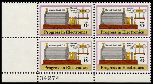 1973 6¢ Progress in Electronics - Marconi Spark Coil & Gap Plate Block