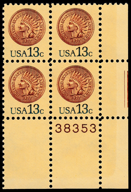 1978 13¢ Indian Head Penny Plate Block