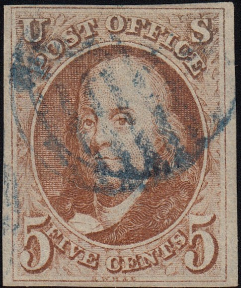 1847 5¢ Franklin Imperf, VF/XF Used Blue Grid Cancel, Certificate