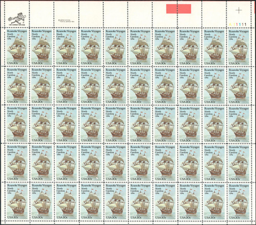 1984 20¢ Roanoke Voyages Mint Sheet