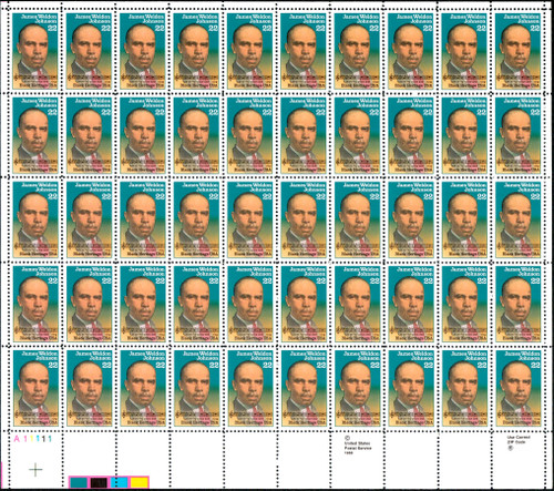 1988 22¢ James Weldon Johnson Mint Sheet