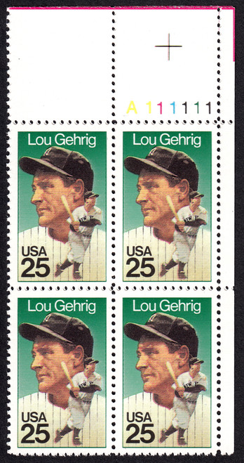 1989 25¢ Lou Gehrig Plate Block