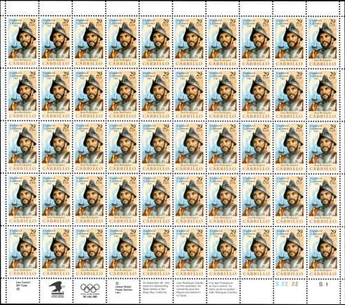 1992 29¢ Juan Rodriguez Cabrillo Mint Sheet
