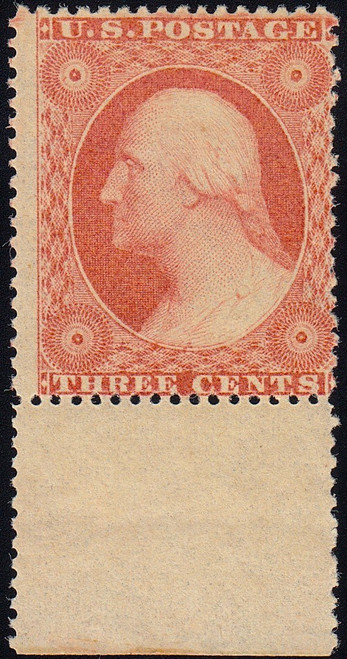 1857 3c Washington Dull Red, Type III, Bottom Example Fine Original Gum, US #26