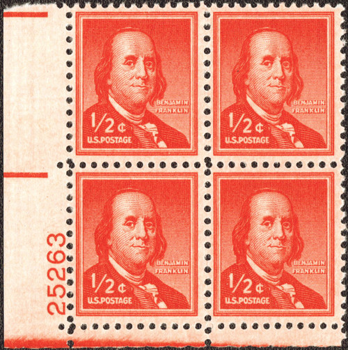 1955 1/2¢ Benjamin Franklin Plate Block