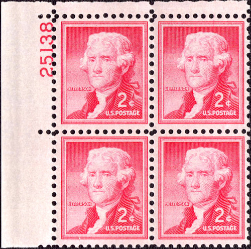 1954 2¢ Jefferson Plate Block