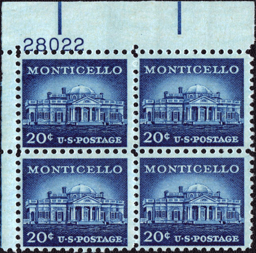 1956 20¢ Monticello Plate Block