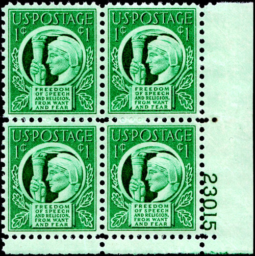 1943 1¢ Four Freedoms Plate Block