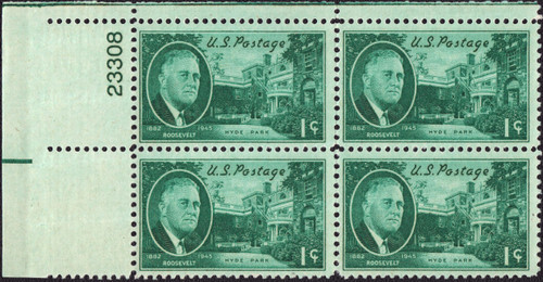 1945 1¢ Franklin D. Roosevelt & Hyde Park Plate Block