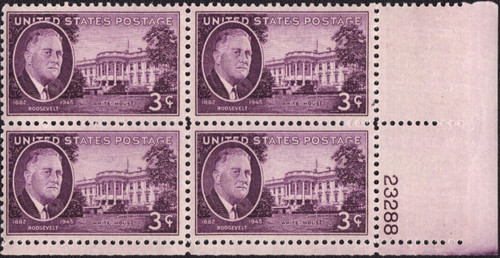 1945 3¢ Franklin D. Roosevelt & White House Plate Block