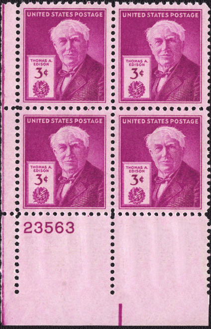 1947 3¢ Thomas A. Edison Plate Block
