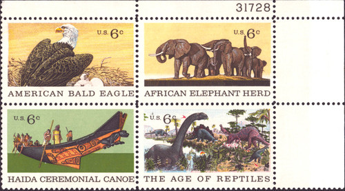 1970 6¢ Natural History - 4 Varieties, Attached Plate Block