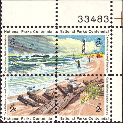 1972 2¢ Cape Hatteras - 4 Varieties, Attached Plate Block