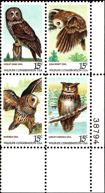 1978 15¢ American Owls - 4 Varieties, Attached Plate Block