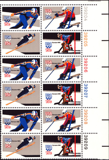 1979 15¢ Winter Olympics - 4 Varieties, Attached Perf. 11 Plate Block
