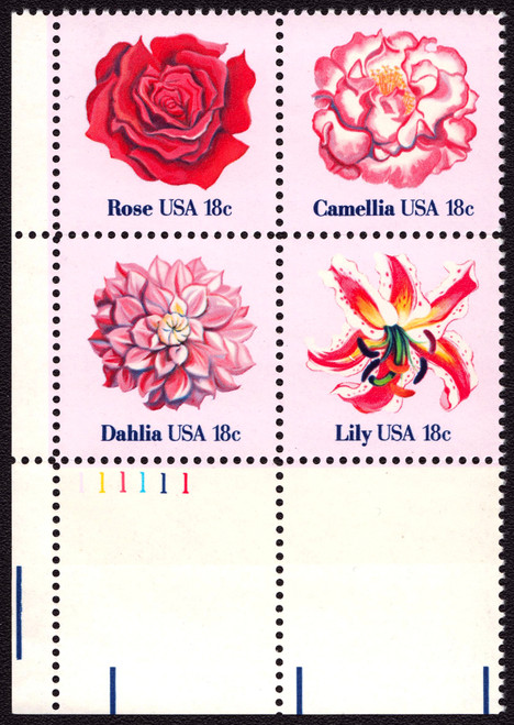 1981 18¢ Flowers - 4 Varieties, Attached Plate Block