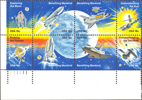 1981 18¢ Space Achievements - 8 Varieties, Attached Plate Block