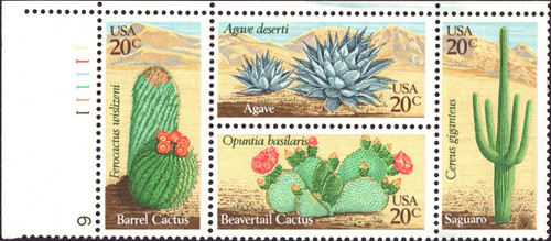 1981 20¢ Desert Plants - 4 Varieties, Attached Plate Block