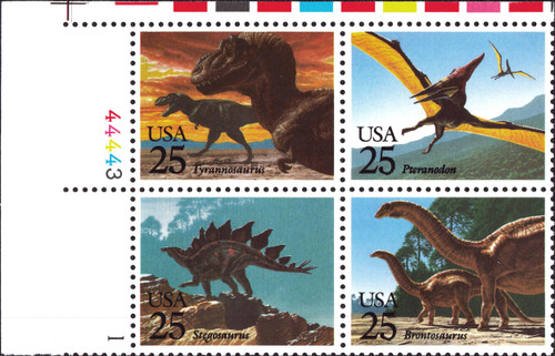 1989 25¢ Prehistoric Animals - 4 Varieties, Attached Plate Block