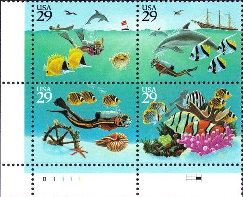 1994 29¢ Wonders of the Sea - 4 Varieties, Attached Plate Block