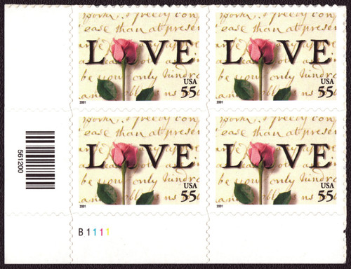 2000 55¢ LOVE, Die Cut 11.25 Self-Adhesive Plate Block