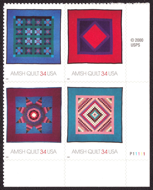 2001 34¢ Amish Quilts - 4 Varieties, Attached Self-Adhesive Plate Block