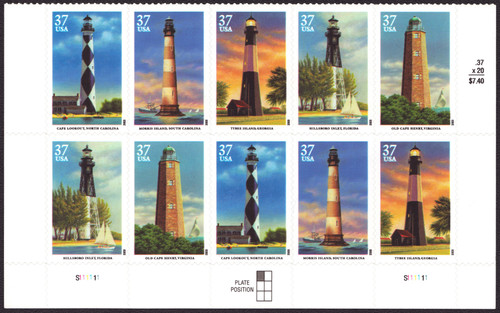 2003 37¢ Southern Lighthouses - 5 Varieties, Attached Plate Block