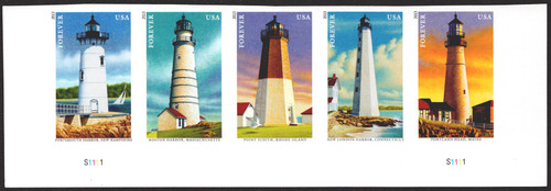 US # 4791-95b - (46¢) New England Coastal Lighthouses IMPERF Mint Strip of 5