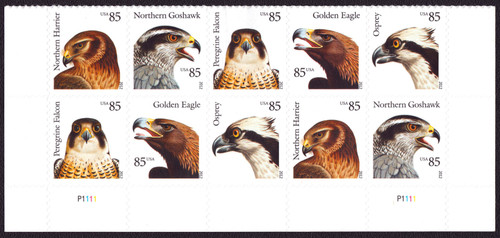 2012 85¢ Birds of Prey - 5 Varieties, Attached Plate Block