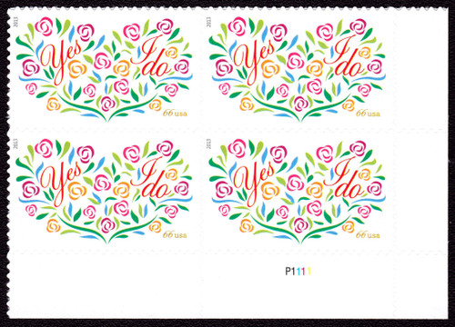2013 66¢ Wedding Flowers "Yes I Do" Mint Plate Block of 4