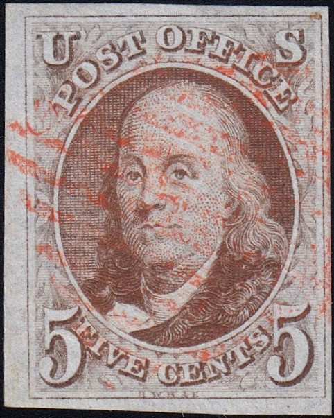 1847 5¢ Franklin, VF Used, Light Red Grid Cancel