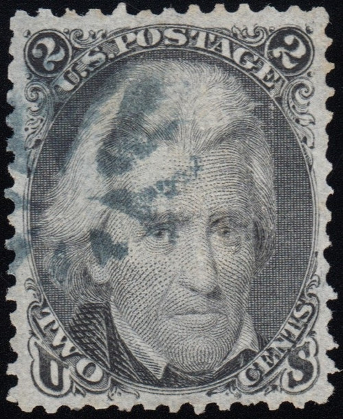1867 2¢ Jackson - E Grill, FVF Used Blue Fancy Cancel, Certificate