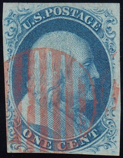 1851 1¢ Franklin Type IIIa, Fine Used Red Grid Cancel, Certificate, US #8a