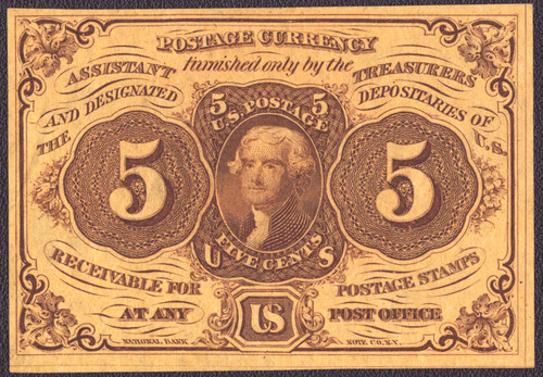 Postage Currency FR#1230, Five Cents Jefferson—First Issue, Straight Edges with ABCO