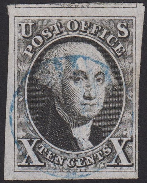 1847 10c Washington Imperf, VF-XF Used Blue Cancel, Certificate