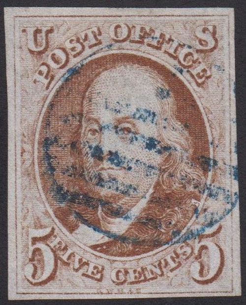 1847 5¢ Franklin Imperf, Orange Brown, Certificate - VF 80 Used, Blue Grid Cancel 1847 5¢ Franklin Imperf, Orange Brown, Certificate - VF 80 Used, Blue Grid Cancel
