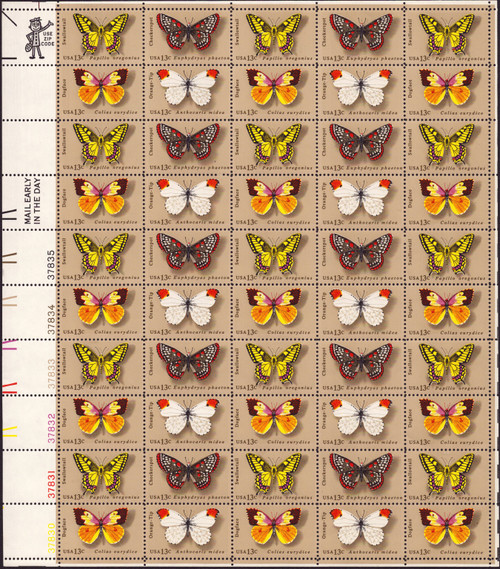 1977 13¢ Butterflies (4 Varieties, Attached) Mint Sheet