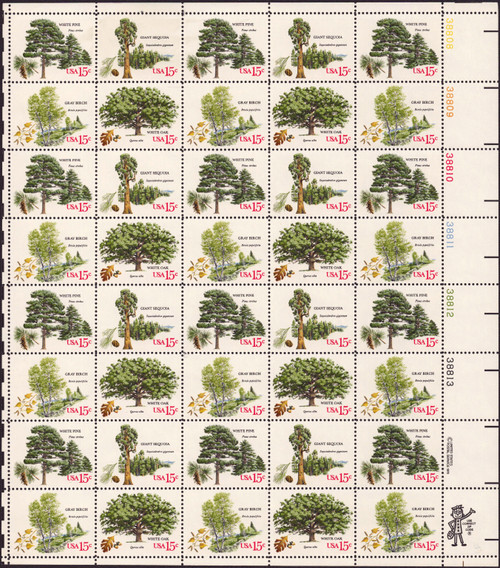 1978 15¢ Trees (4 Varieties, Attached) Mint Sheet