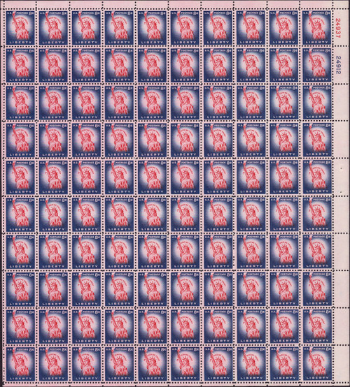 1954 8¢ Statue of Liberty (Flat Plate) Mint Sheet