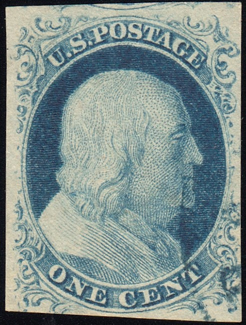 1852 1¢ Franklin Imperf. Type IV, VF Used Light Cancel, US #9