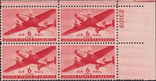1941 6¢ Air Post - Transport Plane (Carmine) Mint Plate Block