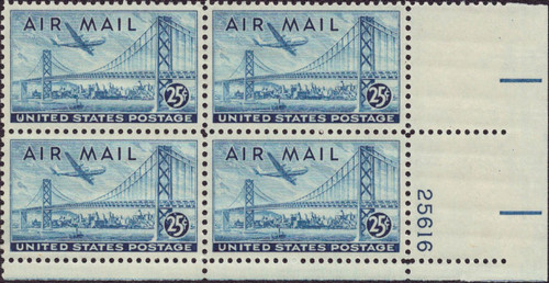 1947 25¢ Air Post - Plane Over Bridge Mint Plate Block