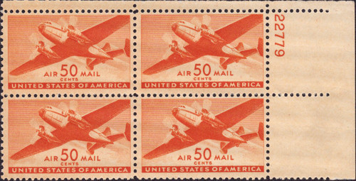 1941 50¢ Air Post - Transport Plane (Orange) Mint Plate Block