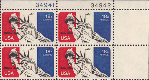 1974 18¢ Air Post - Statue of Liberty Mint Plate Block